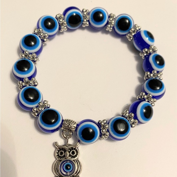 Blue Evil Eye Beaded Bracelet with Owl Charm - Picture 3 of 3
